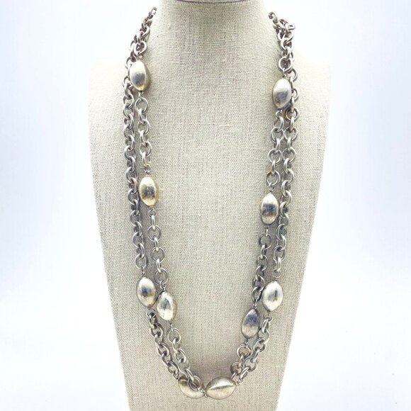 Silver Tone Chain Necklace Long Oval Beads Statement CAROL DAUPLAISE Signed - Picture 1 of 6